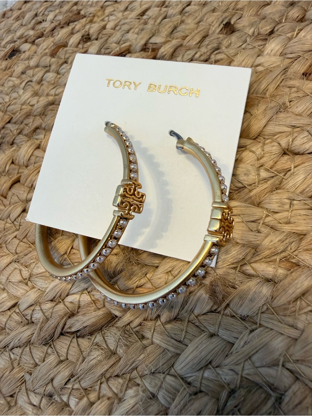 New Tory Burch Large Gold Pearls stacked T Logo Hoop Earrings